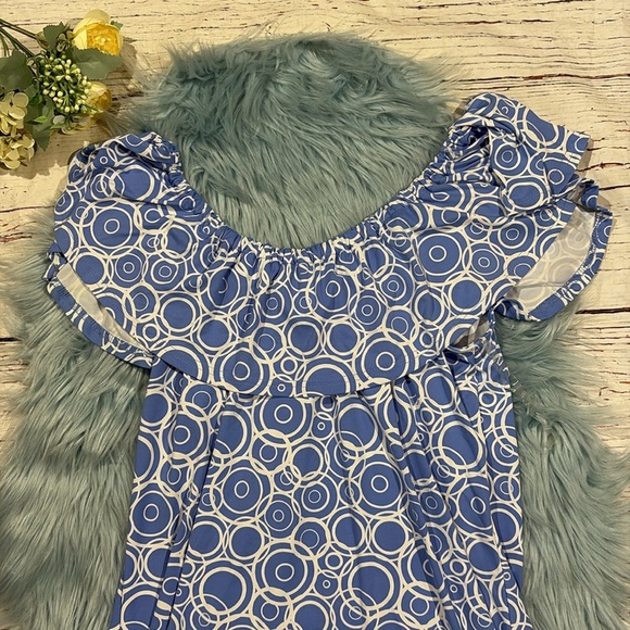 Lulu-B Blue Geometric Circle Ruffle Off Shoulder Dress - Picture 2 of 9